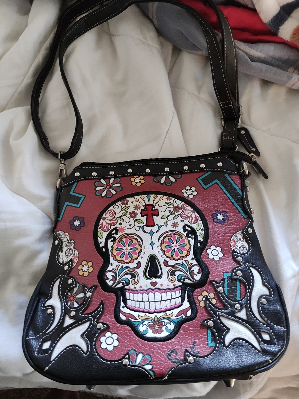 Black and Rose Floral Sugar Skull Crossbody Bag